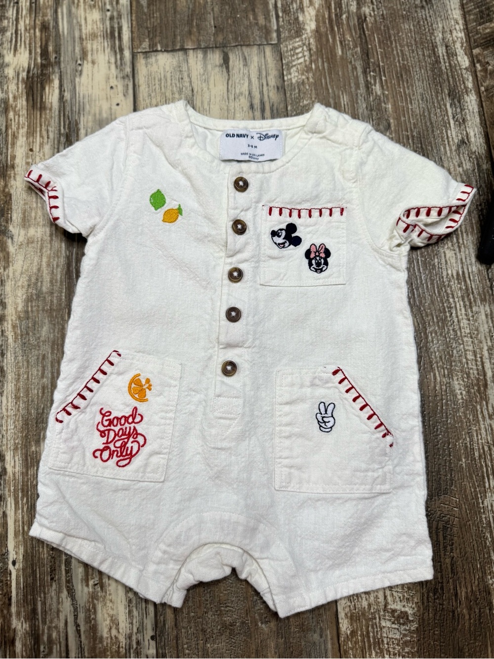 Disney White Baby Romper with Red Trim and Multicolor Embroidery